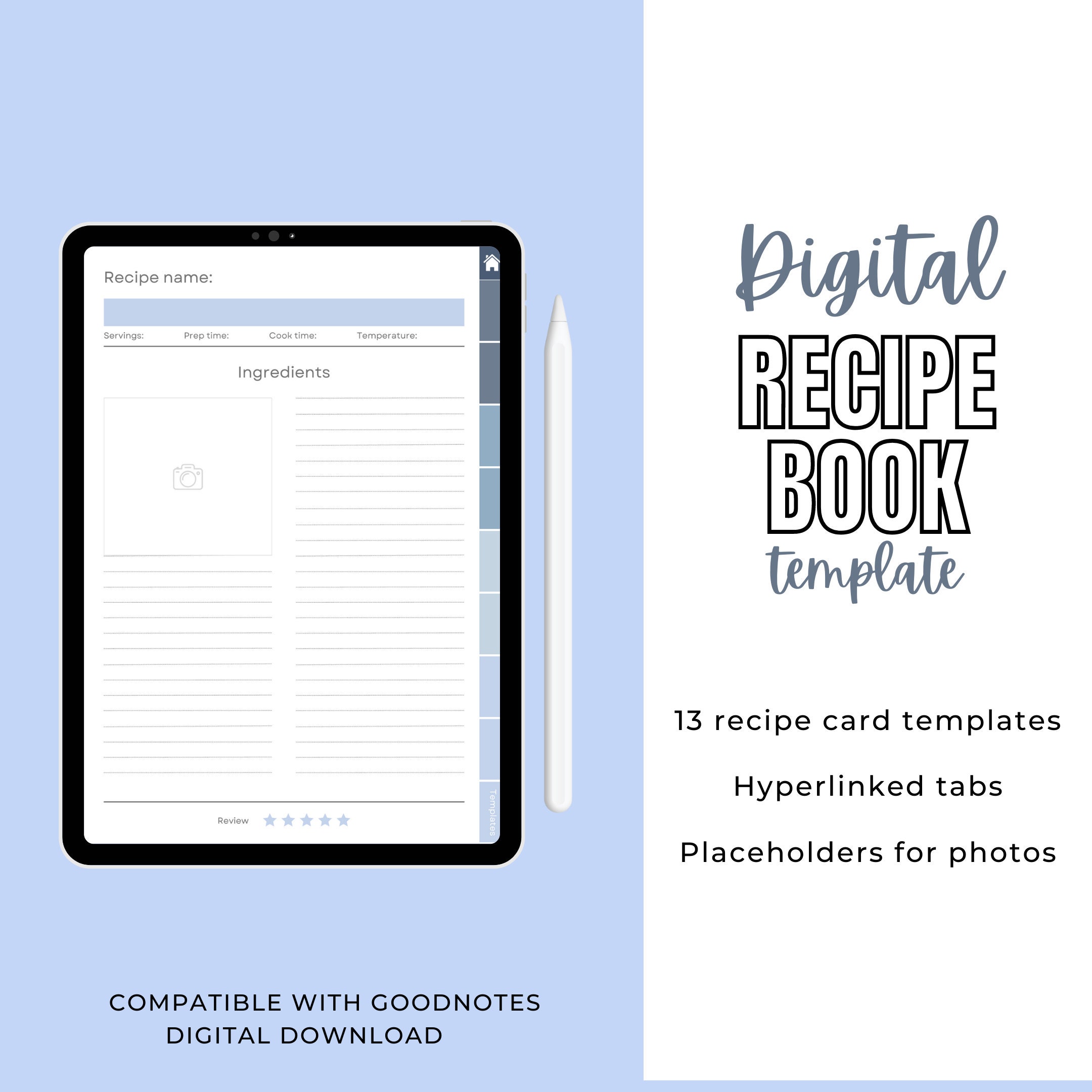 Digital Recipe Book Template for Goodnotes, Recipe Journal, Recipe Organizer, Recipe Cards ...