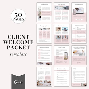 Client welcome packet template, New client service guide, coaching onboarding template, Canva template
