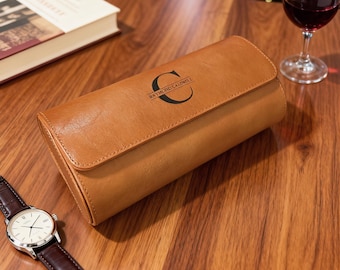 Personalized Leather Travel Watch Box, Engraved Watch Holder, Groomsmen Gift