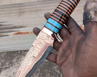 Copper Damascus hunting knife beautiful sharp edge functional knife