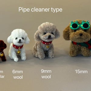 May include: Four pipe cleaner poodle dogs in different sizes. The smallest is 6mm regular pipe cleaner, the next is 6mm wool pipe cleaner, the next is 9mm wool pipe cleaner, and the largest is 15mm pipe cleaner.  The largest poodle is wearing green sunglasses and a red and green scarf.