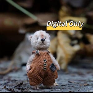 May include: A handmade teddy bear with a cream-colored head and a brown knitted overall. The overall has three buttons and a small pocket. The text "Digital Only" is displayed on a yellow banner above the bear.