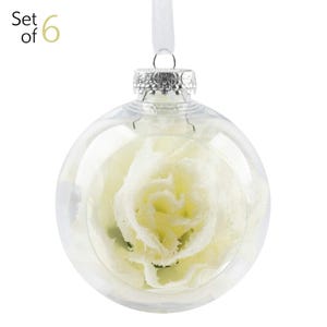 Elegant Clear Christmas Baubles with White Roses – Set of 6 (80mm)