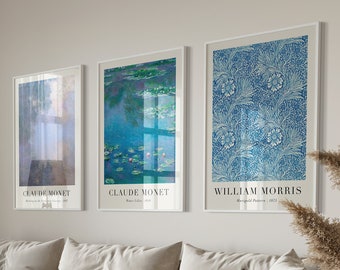 Blue Print Set of 3, Gallery Wall Set, Monet Print, William Morris Poster, Exhibition Poster, Printable Art Set, Claude Monet