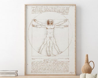 Leonardo da Vinci Poster, Vitruvian Man, Anatomy Drawing, Vintage Print, High Renaissance Art, Fine Art