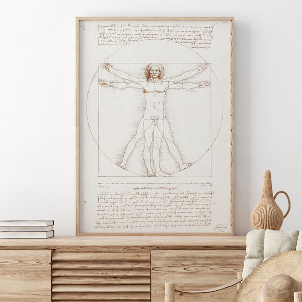Cartel de Leonardo da Vinci, Hombre de Vitruvio, Dibujo de anatomía, Impresión vintage, Arte del Alto Renacimiento, Bellas Artes