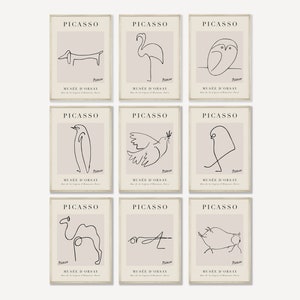 Picasso Print Set of 9, Pablo Picasso Exhibition Poster, Eclectic Wall Art, Minimalist Line Art, Beach House Decor