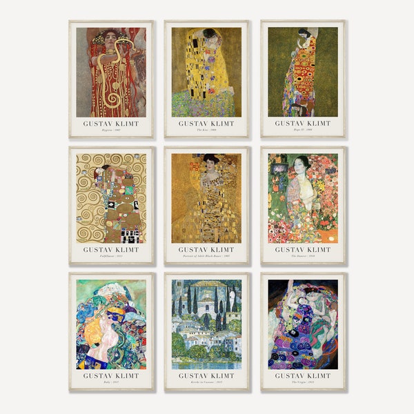 Gustav Klimt Print Set von 9, Gallery Wall Set, Gustav Klimt Ausstellungsplakat, vielseitige Wandkunst, Vintage Print, berühmter Maler