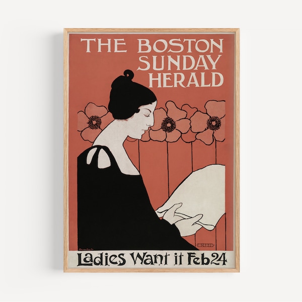 Vintage Poster Print, Ethel Reed, Printable Wall Art, The Boston Sunday Herald, Digital Download, Gallery Wall Print