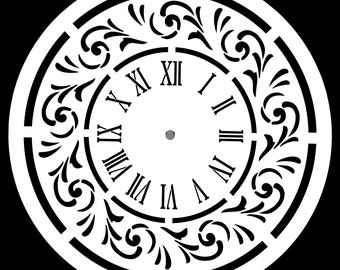 May include: A white clock face with black Roman numerals and a decorative floral design around the edge. The clock face is circular and has a black outline.