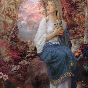 May include: A digital art print featuring a woman in a white and blue dress holding a rose, seated on a rock in a forest setting. The image has a vintage aesthetic with the text "Decoupage Queen".