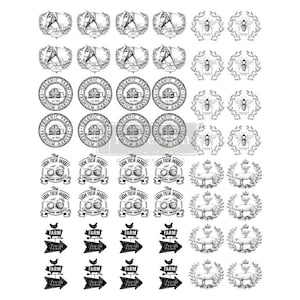 May include: Black and white illustrations of farm-themed designs, including horses, bees, pigs, chickens, and signs that say "Farm Fresh".