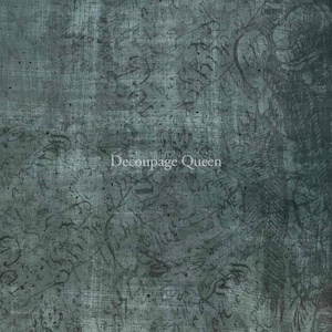 May include: A blue and green textured background with a faded, handwritten pattern and the text "Decoupage Queen".