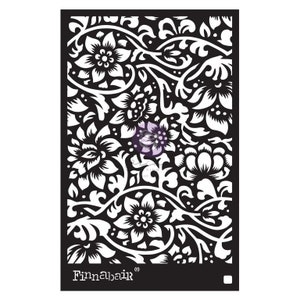 May include: Black and white stencil with a floral pattern. The stencil features intricate designs of flowers and leaves. The text "Finnabair" is visible at the bottom of the stencil.