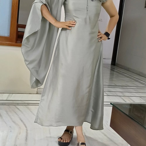 Exclusive shops steel grey gown with one side stylish kaftan sleeves