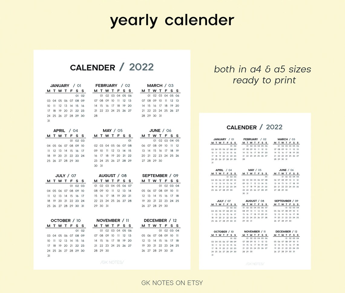 Yearly Calender in A4 and A5 Sizes Printable PDF Calender - Etsy