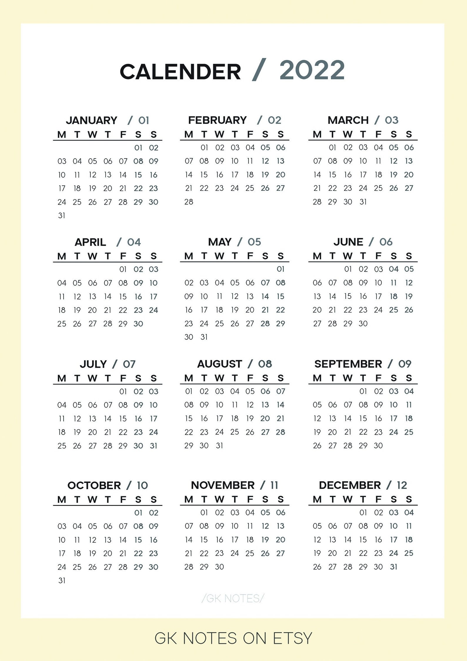 Yearly Calender in A4 and A5 Sizes Printable PDF Calender - Etsy