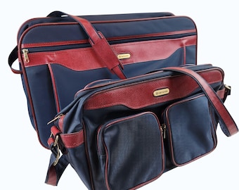 Vintage Samsonite 2‑Piece Travel Bag Set • Navy & Burgundy Softside Luggage • Retro Carry‑On Shoulder Bags • Classic 80s/90s Travel Style