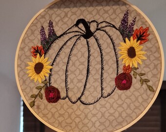 Embroidery Hoop Art, Autumn Pumpkin Floral Design, Bookshelf Decor, Cottagecore Gift