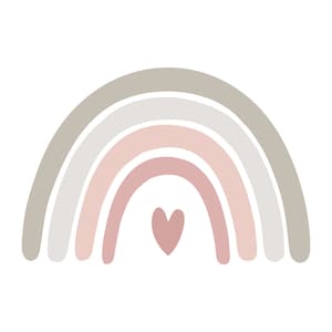 Puede incluir: Un arcoíris con cuatro capas de color: marrón claro, gris claro, rosa claro y rosa. Un corazón rosa se encuentra en el centro del arcoíris.