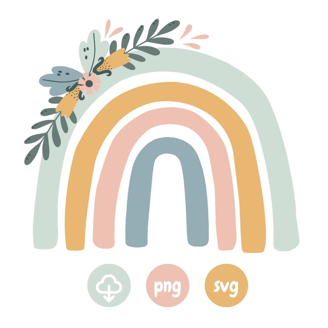 Pastel Boho Rainbow With Flowers Svg and Png Files, Bohemian Rainbow ...