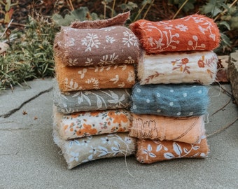 Printed Cotton Gauze Ribbon | Hand Torn, Raw Edge | 100% Cotton | Floral Printed Ribbon | New Colors Now Available