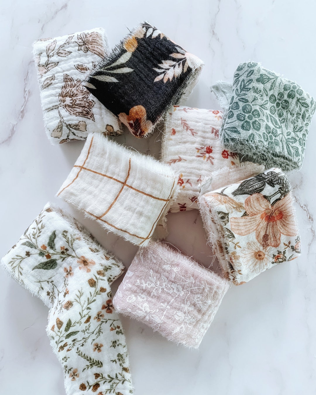 Printed Cotton Gauze Ribbon Hand Torn, Raw Edge 100 Cotton Floral