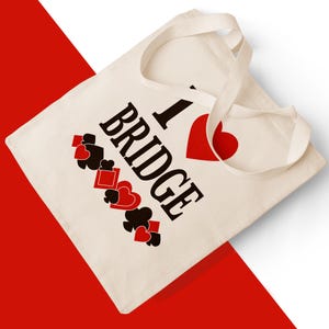 I Love Bridge canvas draagtas, gepersonaliseerde bridgetas, cadeau voor kaartspelliefhebbers, aanpasbare naam, duurzaam katoen