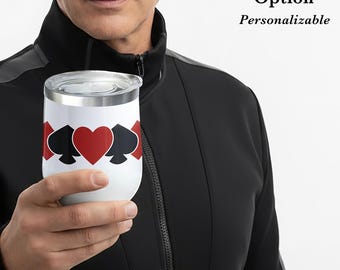Vaso de vino de 12 oz con diseño de jugador de bridge, de acero inoxidable, ideal para tarjetas de regalo, con nombre o mensaje personalizado.