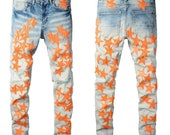 Split Orange Star Patch Men 39 s Jeans, Light Blue Men 39 s Jeans, Stretch Tight Tapered Jeans, Ripped Fashion Design Jeans