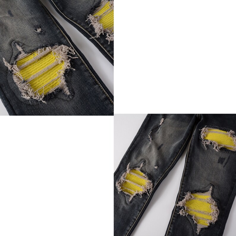 Men's Ripped Patch Black Jeans Yellow Patch Knee Denim Etsy