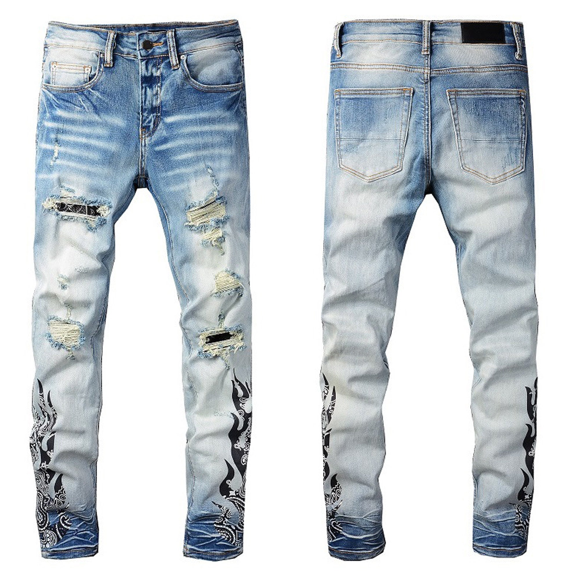 Jeans Slim Fit Light Color Ripped Patch Men's Jeans - Etsy