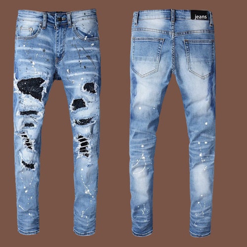 stuiten op zone tand Diamond Patch Jeans for Menmen Ripped Denimpremium Ripped - Etsy