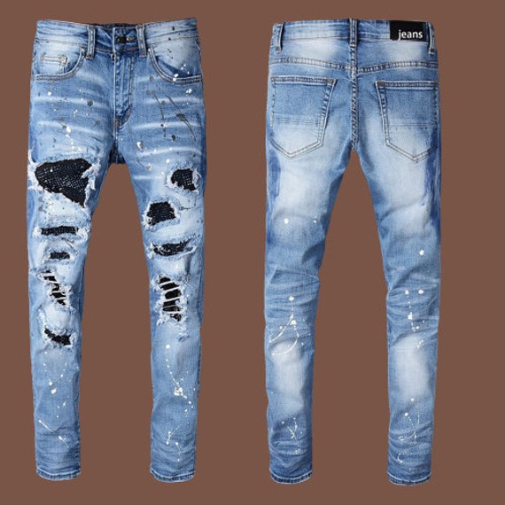 Recreatie solidariteit gespannen Diamond Patch Jeans voor heren Ripped Denim voor heren - Etsy België