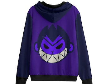Può includere: Una felpa con cappuccio viola con cerniera e maniche e cappuccio blu navy. La parte posteriore presenta una grande faccia di scimmia dei cartoni animati con occhi viola e un ampio sorriso con denti. L'orlo e i polsini sono neri.
