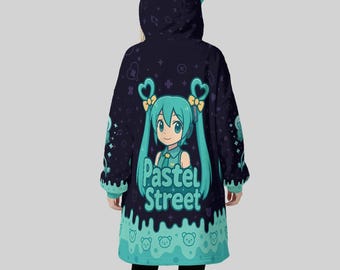 Miku kattöronfilt med huvtröja – Vocaloid Cosplay – Kawaii Anime Pastellblå Unisex present till Hatsune-fans Handgjord