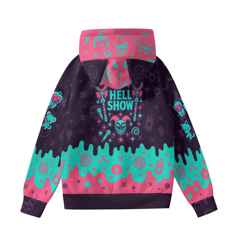May include: A dark purple hoodie with a pink and teal design. The back features the text "HELL SHOW" with a jester face and other graphics. The hood and sleeves have matching patterns. The bottom of the hoodie has a pink and teal wavy design.