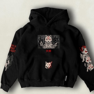 Ōkami Hoodie – Unisex Oversize Japanese Spirit Wolf Hoodie – Amaterasu Gamer Streetwear – Shinto Mythology Aesthetic Gift