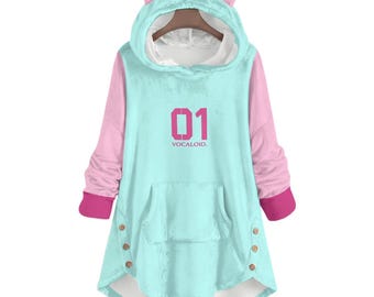 Handgjord Miku kattöronhuvtröja – Vocaloid Cosplay, Kawaii Streetwear