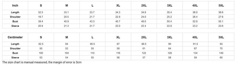 May include: A size chart with measurements in inches and centimeters. The chart includes measurements for length, shoulder, bust, and sleeve, with sizes ranging from S to 5XL. The text at the bottom states the size chart is manually measured, with a 3cm margin of error.