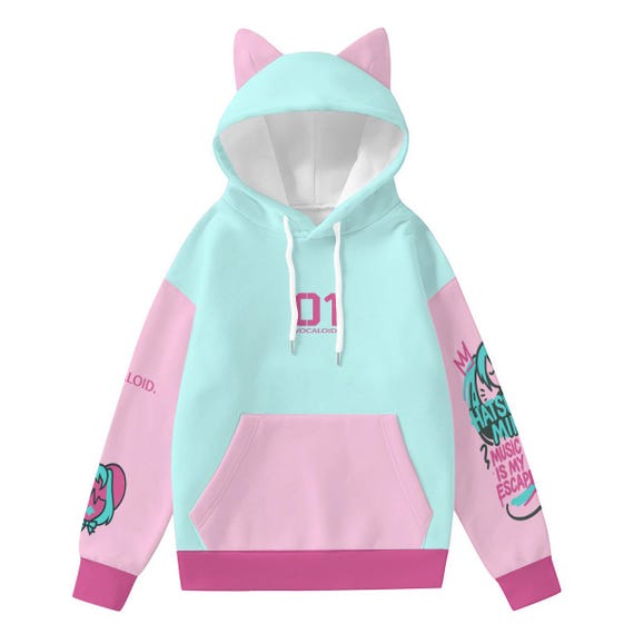 Miku Cat Ear Hoodie – Cute Vocaloid Cosplay Hoodie – Kawaii Anime Streetwear – Pastel Blue Unisex Gift for Hatsune Fans | Handmade Best Gift