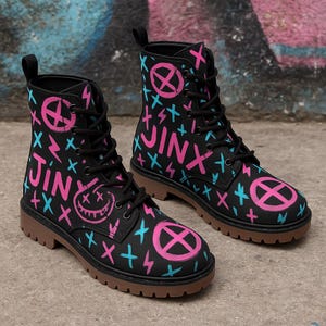 Jinx Boots Arcane Tattoo Cosplay Shoes | Martin Short Combat unisex Boots | League of Legends Inspired Footwear