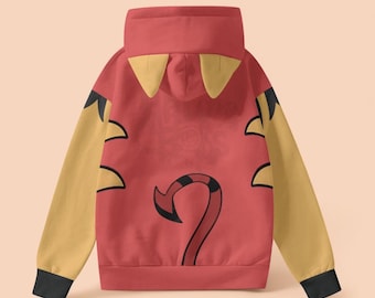 May include: Red hooded sweatshirt with a yellow and black tiger print on the sleeves and back. The hood has yellow cat ears.