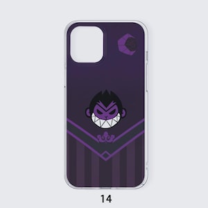 Peut inclure: Une coque de téléphone transparente avec un motif violet. Le motif présente un visage de singe de dessin animé avec des dents pointues, un motif géométrique et le chiffre "14" en bas. Un emblème violet est dans le coin supérieur droit.
