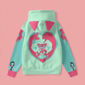 Helluva Boss Fizzarolli hoodie with vibrant character print on black fabric