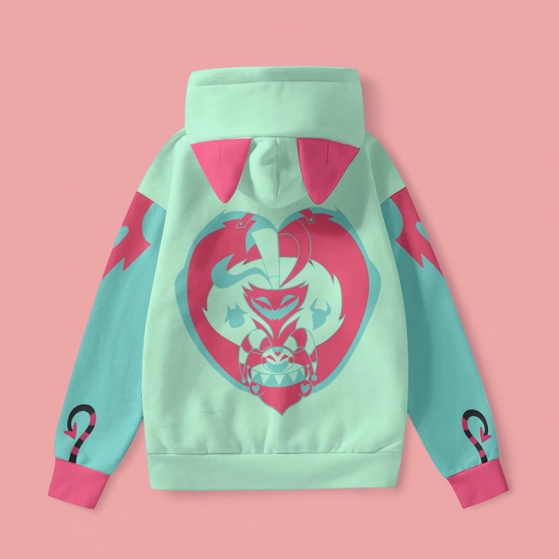 Helluva Boss Fizzarolli hoodie with vibrant character print on black fabric