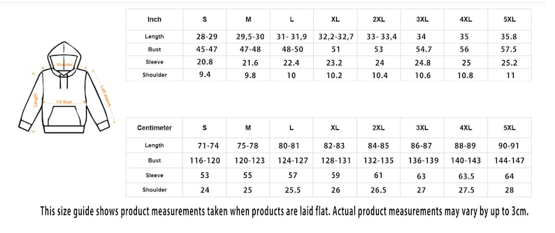 May include: A white graphic showing a hoodie with measurements in inches and centimeters. The size chart includes measurements for length, bust, sleeve, and shoulder, ranging from size S to 5XL.