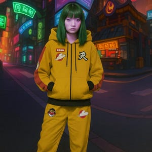 Puede incluir: Una persona con un chándal amarillo con una sudadera con capucha con cremallera y pantalones a juego. El conjunto presenta gráficos de dibujos animados y detalles en rojo y marrón en las mangas. El fondo muestra una calle de la ciudad con letreros de neón.