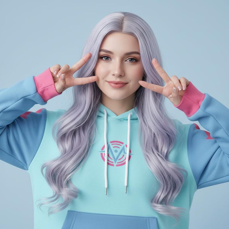 May include: A light blue hoodie with a pink and blue design. The hoodie has a hood with white drawstrings and pink cuffs. The person in the image is wearing a wig with long, wavy, lavender hair.
