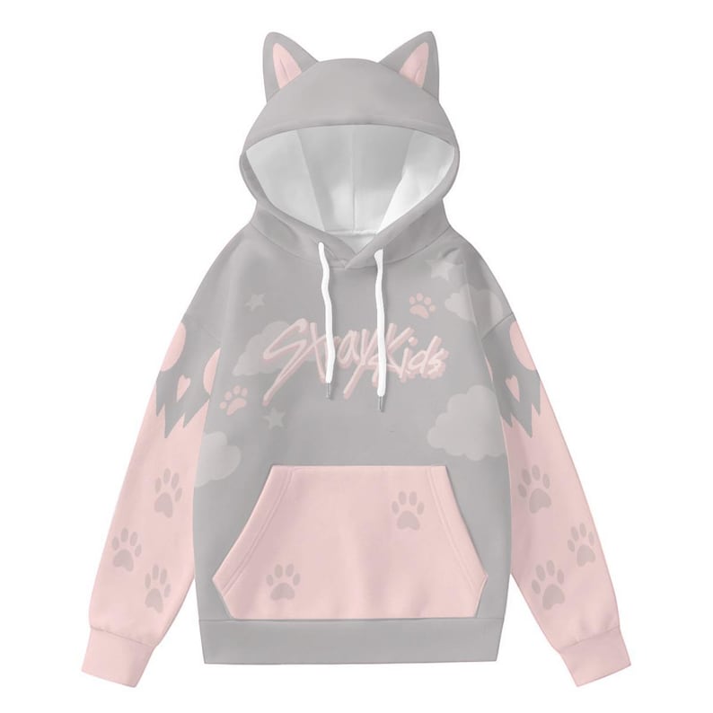 May include: Gray hoodie with cat ears, a pink kangaroo pocket, and pink sleeves. The hoodie features the text "Stray Kids" in pink, paw prints, clouds, and heart designs.